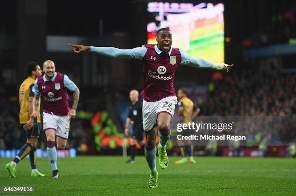 Jonathan Kodja of Aston Villa celebrates as he scores their first