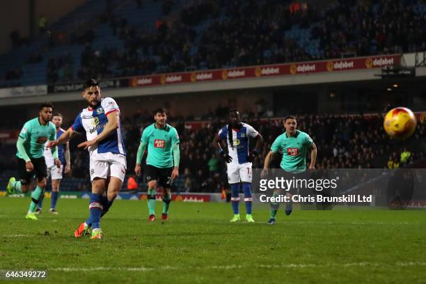 Craig Conway of Blackburn Rovers scores the opening goal from the penalty spot during the Sky Bet Championship match between Blackburn Rovers and...