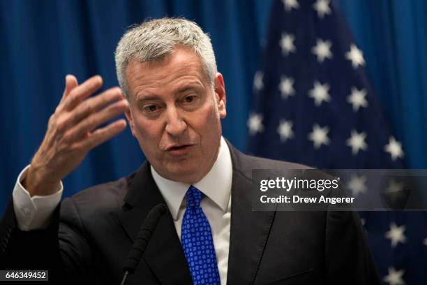 New York City Mayor Bill de Blasio speaks during a press conference concerning homelessness, February 28, 2017 in New York City. De Blasio announced...