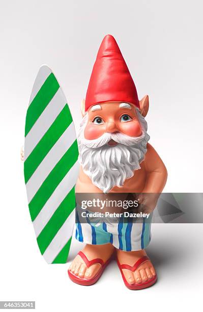 sunburnt gnome with surfboard - gnomo da giardino foto e immagini stock