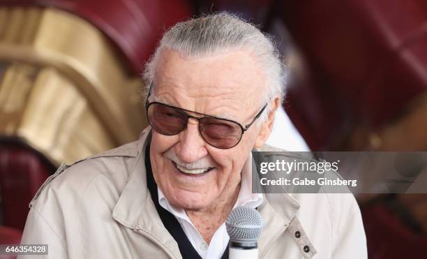 Comic book icon Stan Lee speaks during the unveiling of Marvel's Hulkbuster armor wax figure at Madame Tussauds Las Vegas at The Venetian Las Vegas...