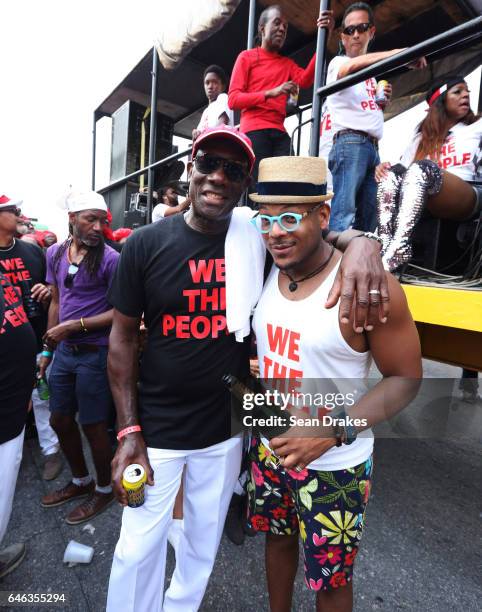 Prime Minister of Trinidad & Tobago Keith Rowley and jazz musician Etienne Charles pose in the mas band 'We The People' during Trinidad Carnival on...