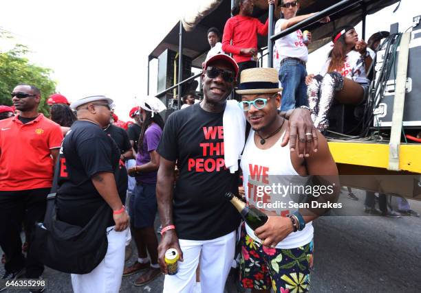 Prime Minister of Trinidad & Tobago Keith Rowley and jazz musician Etienne Charles pose in the mas band 'We The People' during Trinidad Carnival on...