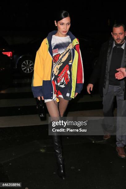 Bella Hadid arrives at a party on February 28, 2017 in Paris, France.