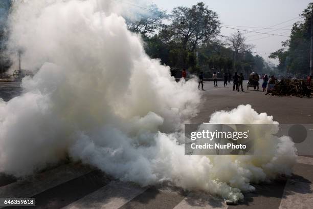 Police use tear gas and water cannon on demonstrators during the shutdown against gas tariff hike in Dhaka, Bangladesh on February 28, 2017....