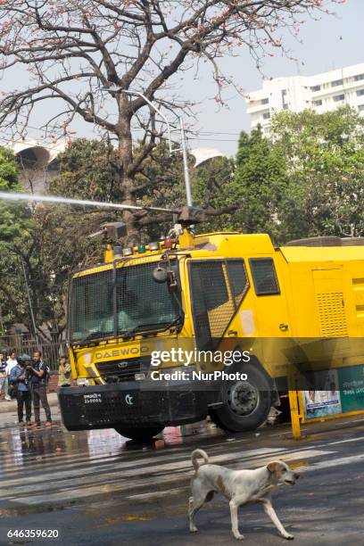 Police use tear gas and water cannon on demonstrators during the shutdown against gas tariff hike in Dhaka, Bangladesh on February 28, 2017....