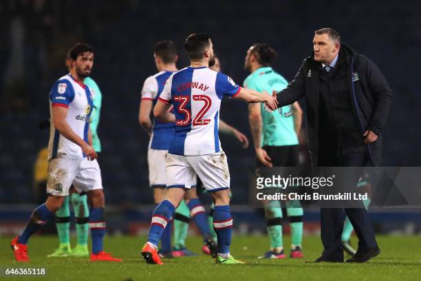 Blackburn Rovers manager Tony Mowbray shakes hands with Craig Conway at full-time following the Sky Bet Championship match between Blackburn Rovers...