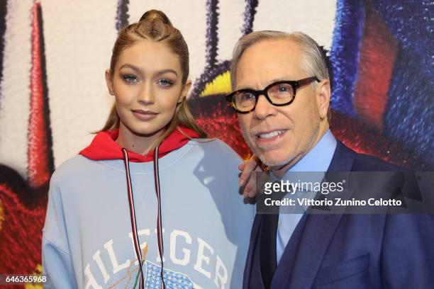 Gigi Hadid and designer Tommy Hilfiger attend the Capsule Collection Tommy X Gigi Spring 2017 as part of the Paris Fashion Week Womenswear...