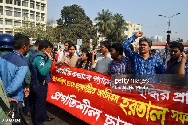 Demonstrators make protest during the shutdown against gas tariff hike in Dhaka, Bangladesh on February 28, 2017. Activists from the...