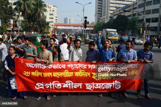 Demonstrators make protest during the shutdown against gas tariff hike in Dhaka, Bangladesh on February 28, 2017. Activists from the...