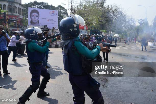 Police use tear gas and water cannon on demonstrators during the shutdown against gas tariff hike in Dhaka, Bangladesh on February 28, 2017....