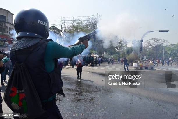 Police use tear gas and water cannon on demonstrators during the shutdown against gas tariff hike in Dhaka, Bangladesh on February 28, 2017....