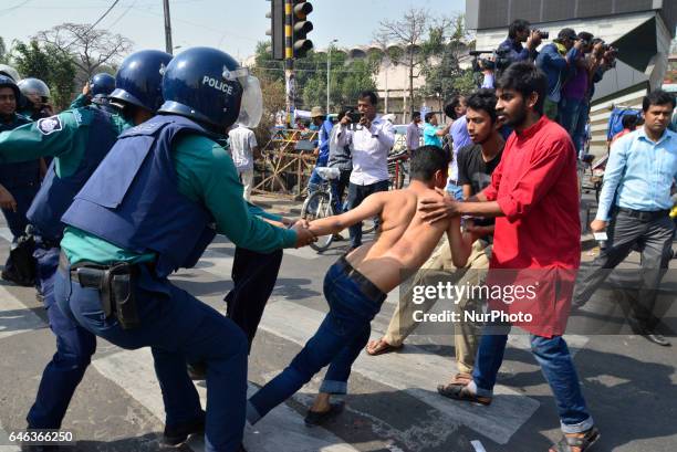 Police arrest demonstrators during the shutdown against gas tariff hike in Dhaka, Bangladesh on February 28, 2017. Activists from the...