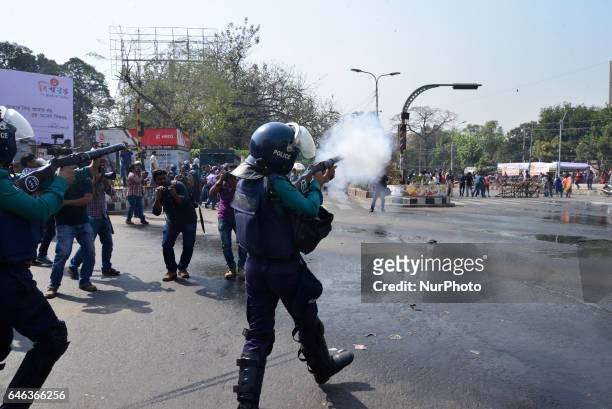 Police use tear gas and water cannon on demonstrators during the shutdown against gas tariff hike in Dhaka, Bangladesh on February 28, 2017....