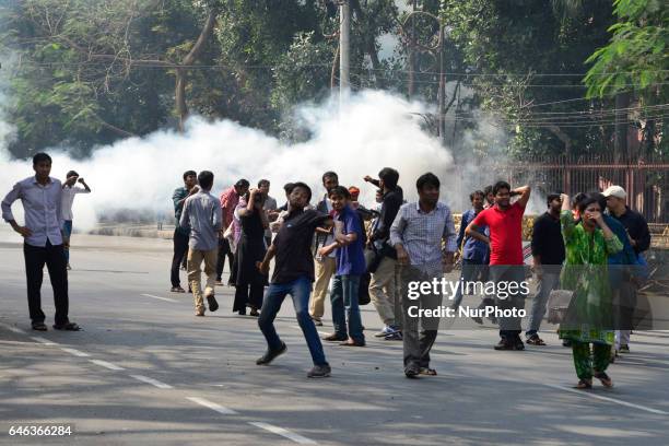 Police use tear gas and water cannon on demonstrators during the shutdown against gas tariff hike in Dhaka, Bangladesh on February 28, 2017....