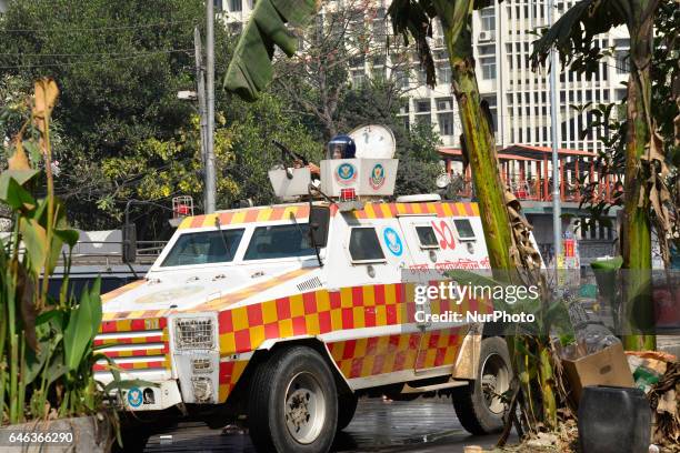 Police use tear gas and water cannon on demonstrators during the shutdown against gas tariff hike in Dhaka, Bangladesh on February 28, 2017....