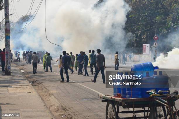 Police use water cannon on demonstrators during the shutdown against gas tariff hike in Dhaka, Bangladesh on February 28, 2017. Activists from the...