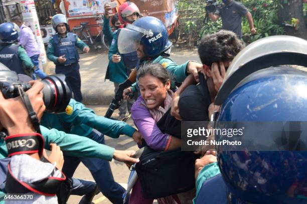 Police arrest demonstrators during the shutdown against gas tariff hike in Dhaka, Bangladesh on February 28, 2017. Activists from the...