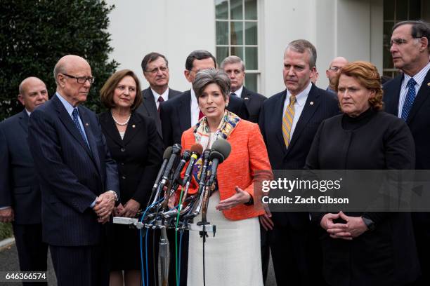 Sen. Joni Ernst speaks to the press after President Trump signed an executive order aimed at undoing former President Barack Obama's Clean Water Rule...