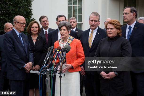 Sen. Joni Ernst speaks to the press after President Trump signed an executive order aimed at undoing former President Barack Obama's Clean Water Rule...