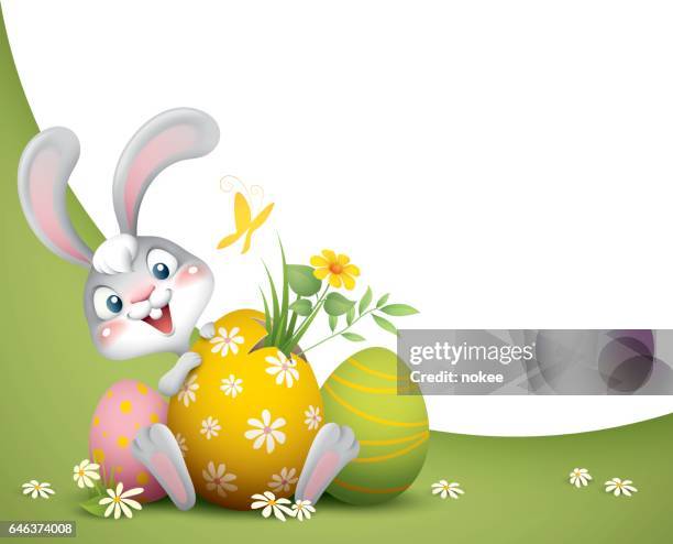 osterhase mit großen eiern hintergrund - osterhase stock-grafiken, -clipart, -cartoons und -symbole