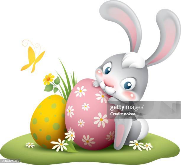 ilustraciones, imágenes clip art, dibujos animados e iconos de stock de conejito de pascua con huevo grande - easter egg