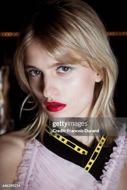 Model poses backstage before the Koche show as part of the Paris Fashion Week Womenswear Fall/Winter 2017/2018 on February 28, 2017 in Paris, France.