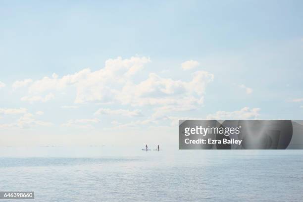 paddle boarders on a calm sea - blu chiaro foto e immagini stock