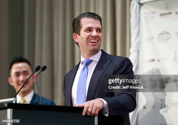 Donald Trump Jr. Delivers a speech during a ceremony for the official opening of the Trump International Tower and Hotel on February 28, 2017 in...