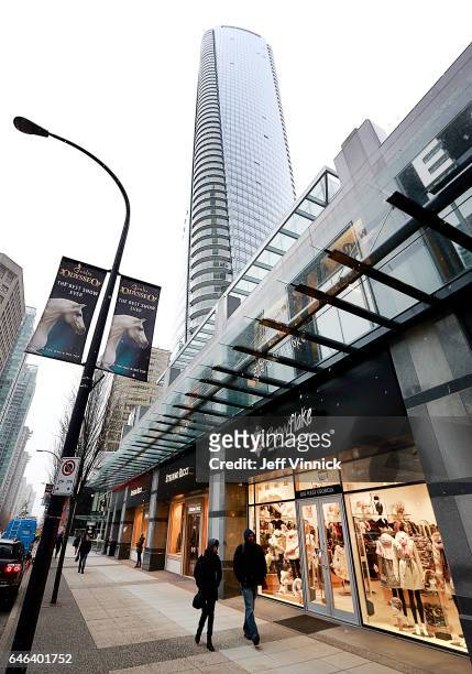 Pedestrians walk past a Snowflake store situated in the retail space outside the Trump International Tower and Hotel on February 28, 2017 in...