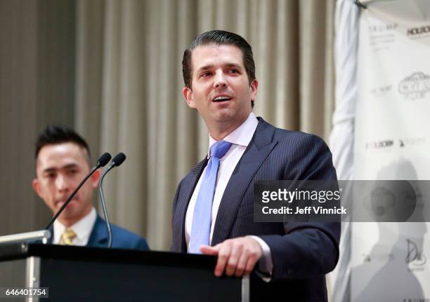 Donald Trump Jr. Delivers a speech during a ceremony for the official opening of the Trump International Tower and Hotel on February 28, 2017 in...