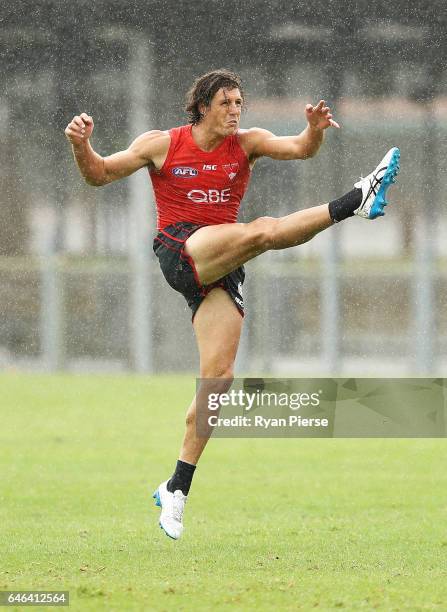 Kurt Tippett of the Swans kicks during a Sydney Swans AFL training session at Lakeside Oval on March 1, 2017 in Sydney, Australia.