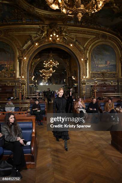 Model walks the runway during the Olivier Theyskens show as part of Paris Fashion Week Womenswear Fall/Winter 2017/2018 on February 28, 2017 in...