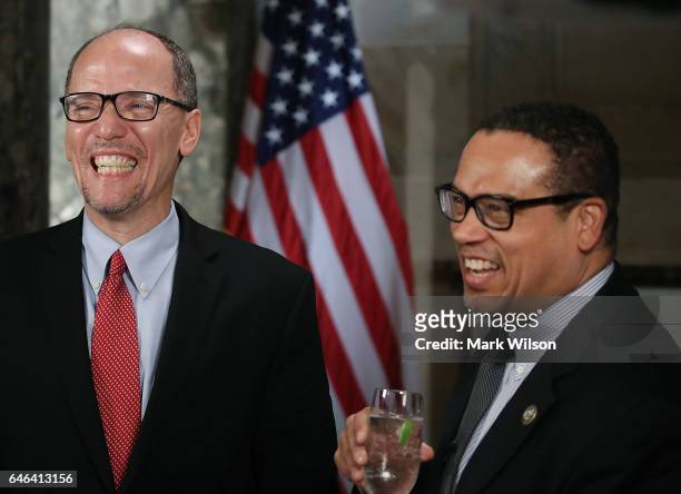 New DNC Chair, Tom Perez and Deputy Chair and Rep. Keith Ellison prepare to do a television interview in Statuary Hall at the U.S. Capitol before...