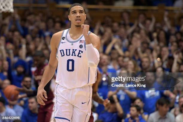 Jayson Tatum of the Duke Blue Devils reacts during their game against the Florida State Seminoles at Cameron Indoor Stadium on February 28, 2017 in...