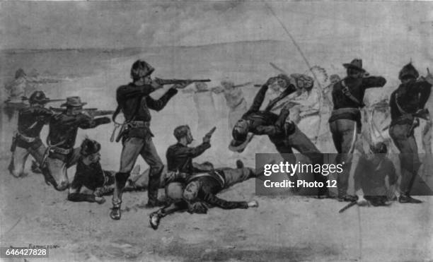 Opening of the Massacre at Wounded Knee, South Dakota, 29 December 1890. US Seventh Cavalry in battle with Lakota Native American.