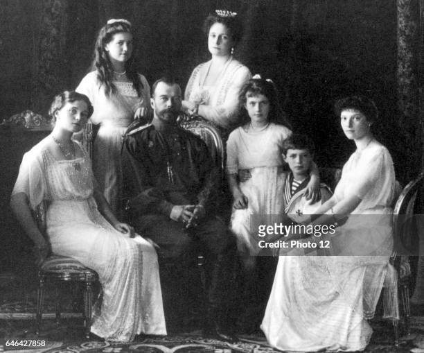 The Russian royal family : Nicholas II and the Tsarina with thier four daughters and their son the Tsarevich.