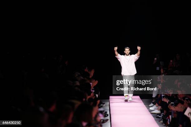 Designer Simon Jacquemus acknowledge the audience after the Jacquemus show as part of the Paris Fashion Week Womenswear Fall/Winter 2017/2018 on...