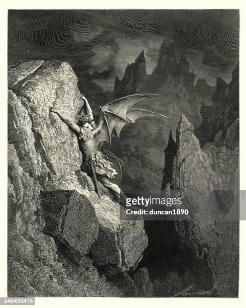 milton's paradise lost -  gustave dore pursues his way - lost angels stock illustrations