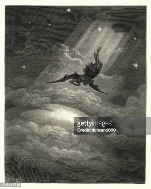 milton's paradise lost -  towards the coast of earth beneath - lost angels stock illustrations