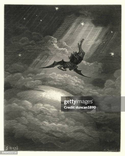milton's paradise lost - towards the coast of earth beneath - gustave dore stock illustrations