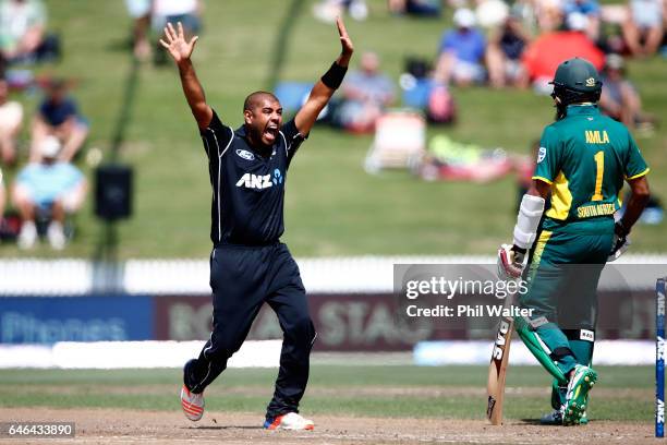 Jeetan Patel of New Zealand makes an appeal during game four of the One Day International series between New Zealand and South Africa at on March 1,...