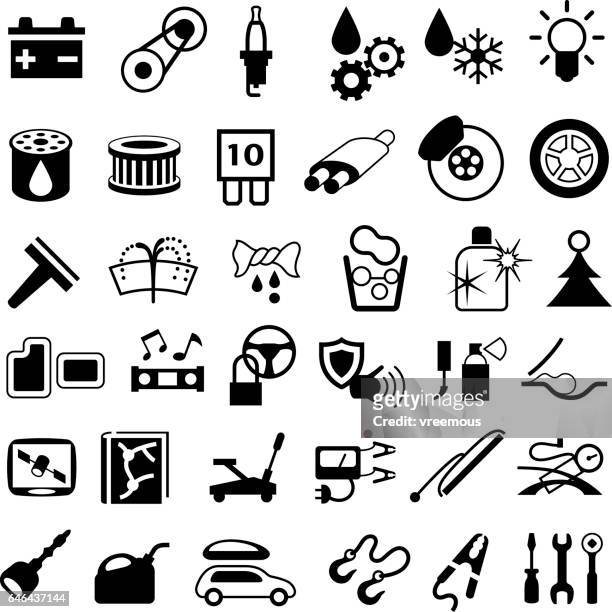 ilustraciones, imágenes clip art, dibujos animados e iconos de stock de iconos de reparación y piezas del coche - filtración