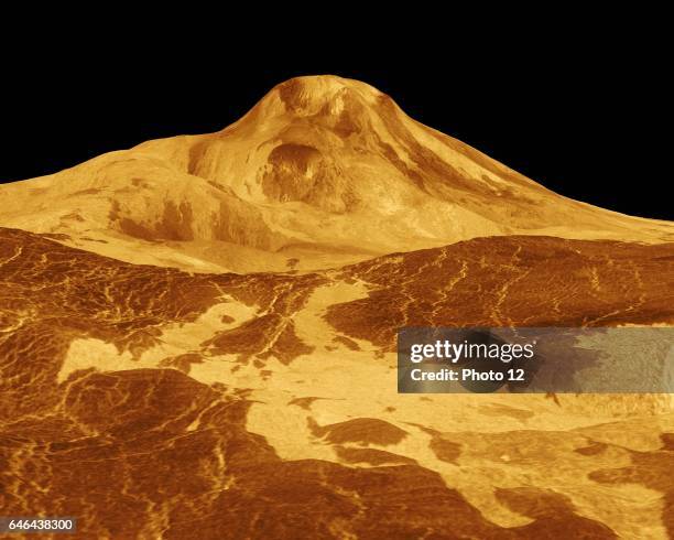 Maat Mons is displayed in this three-dimensional perspective view of the surface of Venus. Magellan.