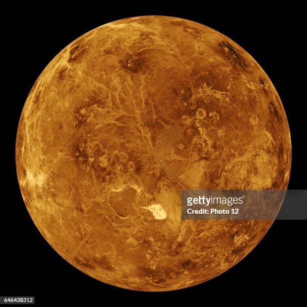 The northern hemisphere is displayed in this global view of the surface of Venus. The north pole is at the center of the image. Magellan.