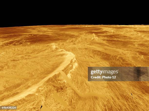This computer-generated perspective view of Latona Corona and Dali Chasma on Venus shows Magellan radar data superimposed on topography.