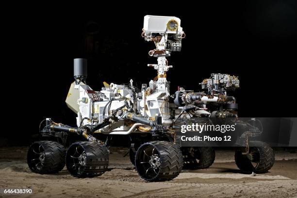This photograph shows the Vehicle System Test Bed rover, a nearly identical copy to the Curiosity rover on Mars.