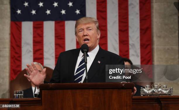 President Donald Trump addresses a joint session of the U.S. Congress on February 28, 2017 in the House chamber of the U.S. Capitol in Washington,...