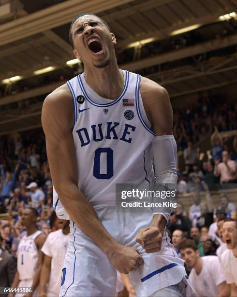 Jayson Tatum of the Duke Blue Devils reacts following a play against the Florida State Seminoles at Cameron Indoor Stadium on February 28, 2017 in...