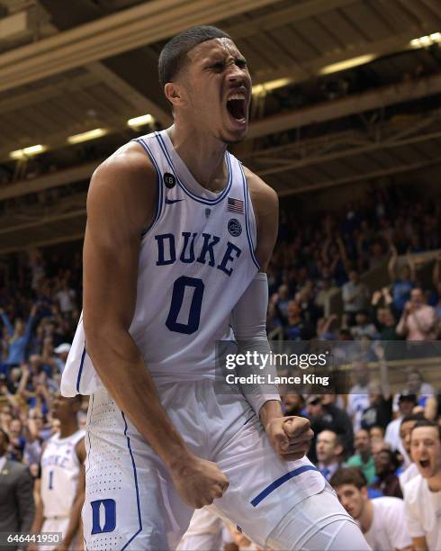 Jayson Tatum of the Duke Blue Devils reacts following a play against the Florida State Seminoles at Cameron Indoor Stadium on February 28, 2017 in...